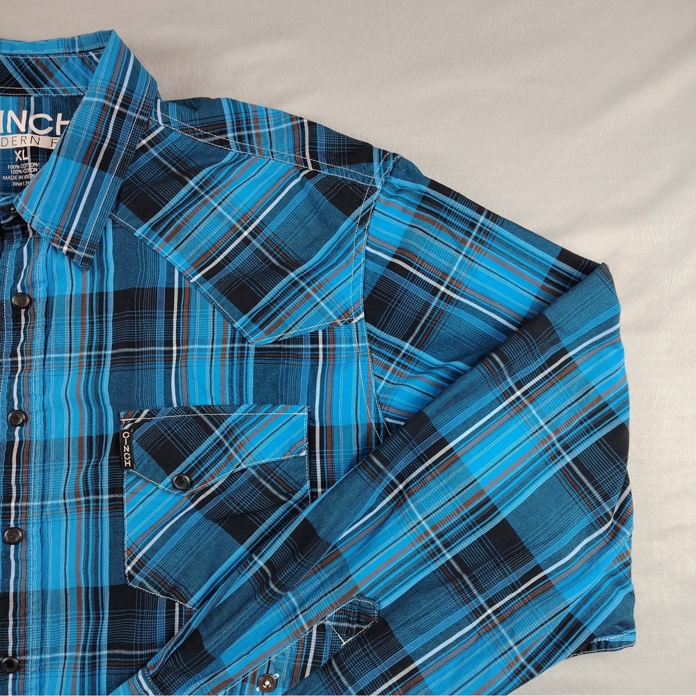Cinch Modern Fit Western Shirt Men's XL Blue Plaid Snap Long Sleeve Cowboy - Picture 3 of 16